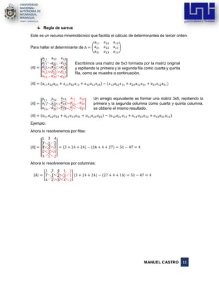 MANUEL CASTRO 11
Regla de sarrus
Este es un recurso mnemotécnico que facilita el cálculo de determinantes de tercer orden.
Para hallar el determinante de A = (
a11 a12 a13
a21 a22 a23
a31 a23 a33
)
|A| = |
|
a11 a12 a13
a21 a22 a23
a31
a11
a21
a32
a12
a22
a33
a13
a23
|
|
|A| = (a11a22a33 + a21a32a13 + a31a12a23) − (a13a22a31 + a23a32a11 + a33a12a21)
|A| = |
a11 a12
a13 a11 a12
a21 a22 a23 a21 a22
a31 a32 a33 a31 a23
|
|A| = (𝑎11 𝑎22 𝑎33 + 𝑎12 𝑎23 𝑎31 + 𝑎13 𝑎21 𝑎23) − (𝑎12 𝑎21 𝑎33 + 𝑎11 𝑎23 𝑎32 + 𝑎13 𝑎22 𝑎31)
Ejemplo:
Ahora lo resolveremos por filas:
|A| = |
|
1 3 4
3 1 2
4
1
3
2
3
1
3
4
2
|
| = (3 + 24 + 24) − (16 + 4 + 27) = 51 − 47 = 4
Ahora lo resolveremos por columnas:
|A| = |
1 3 4 1 3
3 1 2 3 1
4 2 3 4 2
| (3 + 24 + 24) − (27 + 4 + 16) = 51 − 47 = 4
Escribimos una matriz de 5x3 formada por la matriz original
y repitiendo la primera y la segunda fila como cuarta y quinta
fila, como se muestra a continuación.
Un arreglo equivalente es formar una matriz 3x5, repitiendo la
primera y la segunda columna como cuarta y quinta columna,
se obtiene el mismo resultado.
 