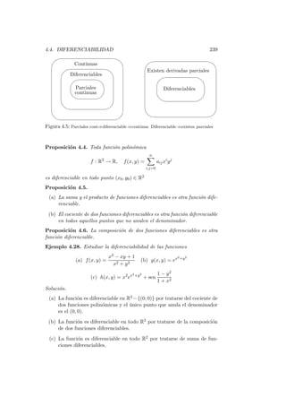 4.4. DIFERENCIABILIDAD                                                              239
   '                                  $
                                                     '                                $
       '                          $
              Continuas

                                                              '                     $
                                                      Existen derivadas parciales
            #
            Diferenciables

              Parciales                                           Diferenciables
                            !
              continuas
                                                                                   %
                                 %
                                                                                     %
                                     %
Figura 4.5: Parciales cont⇒diferenciable ⇒continua Diferenciable ⇒existen parciales


Proposici´n 4.4. Toda funci´n polin´mica
         o                 o       o
                                                       n
                      f : R2 → R,     f (x, y) =              aij xi y j
                                                      i,j=0

es diferenciable en todo punto (x0 , y0 ) ∈ R2
Proposici´n 4.5.
         o
 (a) La suma y el producto de funciones diferenciables es otra funci´n dife-
                                                                    o
     renciable.
 (b) El cociente de dos funciones diferenciables es otra funci´n diferenciable
                                                              o
     en todos aquellos puntos que no anulen el denominador.
Proposici´n 4.6. La composici´n de dos funciones diferenciables es otra
           o                 o
funci´n diferenciable.
     o
Ejemplo 4.28. Estudiar la diferenciabilidad de las funciones
                                x2 − xy + 1                                2 +y 2
               (a) f (x, y) =                    (b) g(x, y) = ex
                                  x2 + y 2
                                            2 +y 2            1 − y2
                      (c) h(x, y) = x2 ex            + sen
                                                              1 + x2
Soluci´n.
      o
 (a) La funci´n es diferenciable en R2 − {(0, 0)} por tratarse del cociente de
               o
     dos funciones polin´micas y el unico punto que anula el denominador
                         o           ´
     es el (0, 0).
 (b) La funci´n es diferenciable en todo R2 por tratarse de la composici´n
             o                                                          o
     de dos funciones diferenciables.
  (c) La funci´n es diferenciable en todo R2 por tratarse de suma de fun-
               o
      ciones diferenciables.
 