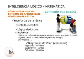 INTELIGENCIA LÓGICO - MATEMÁTICA
CÓMO ESTABLECER UN                     La mente que calcula
ENTORNO DE APRENDIZAJE
LÓGICO-MATEMÁTICO

  !  nseñanza de la lógica
   E
     !  étodo científico
      M
     !  ógica deductiva:
       L
     silogismos
       Todos los países de Europa se encuentran al Norte del Ecuador.
       España, Italia y Grecia forman parte de Europa.
       Por lo tanto ...
              !  iagramas de Venn (comparar)
               D
             Vegetales - Animales
             Sustantivos - verbos
             Paleolítico - Neolítico
 