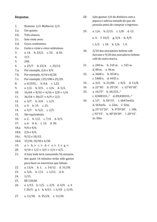 Respostas.
1. Homens: 1/3. Mulheres: 2/3.
2.a. Um quinto.
2.b. Três oitavos.
2.c. Sete vinte avos.
2.d. Cinco centésimos.
2.e. Cento e vinte e cinco milésimos.
3. a. 14. b. 23/2. c. 52. d. 81.
4. 117.
5. 240.
6. a. 25/7. b. 23/4. c. 33/12.
7.a. Por exemplo, 2/6 e 3/9.
7.b. Por exemplo, 4/10 e 8/20.
7.c. Por exemplo, 125/100 e 25/20.
8. a. 0,3333... b. 0,4. c. 1,25.
9. a. 1/2. b. 3/5. c. 1/6. d. 5/2.
10. 16/64 = 8/32 = 4/16 = 2/8 = 1/4.
11. 36/54 = 18/27 = 6/9 = 2/3.
12. a. 3/7. b. 3/4. c. 1/5.
13. a. 9. b. 15. c. 21.
14. a. 5/7. b. 5/2. c. 2/5.
15. São equivalents.
16. a. 2. b. 1/2. c. 7/4. d. 4/3.
17. a. 6. b. 6. c. 12. d. 30.
18.a. 9/6 e 4/6.
18.b. 2/6 e 4/6.
18.c. 9/12 e 10/12.
18.d. 15/30, 10/30 e 6/30.
19. a. > b. > c. > d. < e. > f. < g. <
20. 4/10 < 1/2 < 3/5 < 3/4 < 4/5.
21. A lista toda terá consumido 56 minutos,
dos quais 14 minutos terão sido gastos
para fazer os exercícios que faltam.
22. a. 13/6. b. 1. c. 19/12. d. 31/30.
23. a. 5/6. b. 1/3. c. 1/12. d. 0.
24. 1/15.
25. R$ 120,00.
26. a. 1/15. b. 1/5. c. 2/9. d. 4/9. e. 4
f. 20/3. g. 1. h. 4/21. i. 1/10. j. 1/35.
27. a. 11/30. b. 35/24. c. 11/20.
28. João gastou 1/6 do dinheiro com a
pipoca e sobrou metade do que ele
possuía antes de comprar o ingresso.
29. a. 1/6. b. 2/15. c. 1/8. d. 12.
e. 4. f. 16/5. g. 5/4. h. 4/9.
i. 1/3. j. 10. k. 1/6. l. 4.
30. 3/10 dos moradores bebem café
Serrano e 9/20 dos moradores bebem
café de outra marca.
31. a. 240 m. b. 210 m. c. 165 m.
d. 80 m. e. 96 m.
32. a. 3600 s. b. 4518 s.
c. 5400 s. d. 4935 s.
33. a. 3/2. b. 21/80. c. 8/3. d. 11/8.
34. a. 22 3 ’. b. 35 24’. c. 12 45’1 ”.
35. a. 10,75° b. 20,333...°
c. 0,508333...° d. 89,838333...°
36. a. 13 . b. 56 15’. c. 6 47m42s.
d. 5h3m5s. e. 22m. f. 32m.
g. 25 15”26”. . 5 ’3 ”. i. 1 .
j. 2 15’. k. 4 2 ’3 ”. l. 2 15’.
m. 30m
 