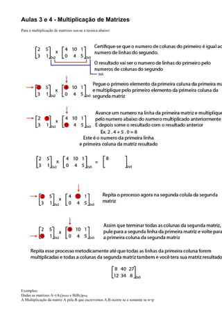 Aulas 3 e 4 - Multiplicação de Matrizes
Para a multiplicação de matrizes usa-se a tecnica abaixo:




Exemplos:
Dadas as matrizes A=(Aij)mxn e B(Bij)pxq
A Multiplicação da matriz A pela B que escrevemos A.B ocorre se e somente se n=p
 