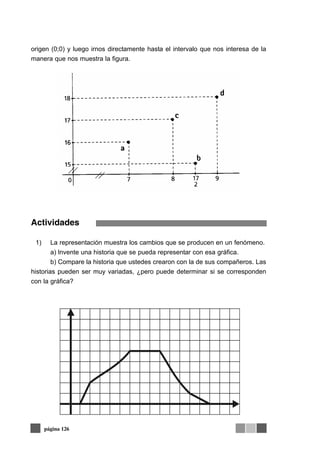 origen (0;0) y luego irnos directamente hasta el intervalo que nos interesa de la
manera que nos muestra la figura.
Actividades
1) La representación muestra los cambios que se producen en un fenómeno.
a) lnvente una historia que se pueda representar con esa gráfica.
b) Compare la historia que ustedes crearon con la de sus compañeros. Las
historias pueden ser muy variadas, ¿pero puede determinar si se corresponden
con la gráfica?
página 126
 