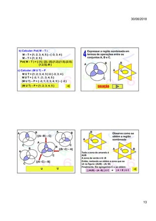 30/08/2018
13
b) Calcular: Pot( M – T )
M – T = {1; 2; 3; 4; 5 } - { -3; 3; 4 }
M – T = {1; 2; 5 }
Pot( M – T ) = { {1}; {2}; {5};{1;2};{1;5};
{1;2;5};
{2;5};
Φ }
c) Calcular: (M U T) – P
M U T = {1; 2; 3; 4; 5 } U { -3; 3; 4 }
M U T = { -3; 1 ; 2 ; 3; 4; 5 }
(M U T) – P = { -3; 1; 2; 3; 4; 5 } - { -3 }
(M U T) – P = {1; 2; 3; 4; 5 }
Expressar a região sombreada em
termos de operações entre os
conjuntos A, B e C.
A B
C
A
B
C
SOLUÇÃO
A B
C
A B
C
A
B
C
A
B
C
[(AB) – C]
[(BC) – A]
[(AC) – B]
U U
A B
A
B
C
Observe como se
obtém a região
sombreada
Toda a zona de amarelo é
AUB
A zona de verde é AB
Então, restando se obtém a zona que se
vê na figura: (AUB) - (AB)
C
Finalmente, lhe agregamos C e se obtém:
[ (AUB) - (AB) ] U C ( A  B ) U C=
 