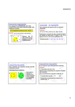 30/08/2018
5
CONJUNTOS COMPARÁVEIS
Um conjunto A é COMPARÁVEL com outro
conjunto B se entre esses conjuntos existe uma
relação de inclusão.
A é comparável com B se A U B = B U A
Exemplo: A = { 1; 2; 3; 4; 5 } e B = { 2; 4 }
1
2
3
4
5
A
B
Observe que B
está incluso em A,
portanto, A e B são
COMPARÁVEIS
IGUALDADE DE CONJUNTOS
Dos conjuntos são iguais se têm os mesmos
elementos.
Exemplo:
A = { x / x2 = 9 } y B = { x / (x – 3)(x + 3) =0 }
Resolvendo a equacão de cada conjunto se obtém
em ambos os casos que x é igual a 3 ou -3, ou
seja: A = {-3; 3} y B = {-3; 3}, portanto A = B
Simbolicamente :     A B (A B) (B A)
CONJUNTOS DISJUNTOS
Dois conjuntos são disjuntos quando não têm
elementos comuns.
REPRESENTACÃO GRÁFICA :
A B
1
7
5 3
9
2
4
8
6



Como podemos
observar os
conjuntos A e B
não têm elementos
comuns, portanto
são CONJUNTOS
DISJUNTOS
CONJUNTO DE CONJUNTOS
É um conjunto cujos elementos são conjuntos.
Exemplo:
F = { {a}; {b}; {a; b}; {a; b; c} }
Observe que os elementos do conjunto F também
são conjuntos.
{a} é um elemento do conjunto F então {a} F
É correto dizer que {b} F ? NÃO
Porque {b} é um elemento do conjunto F, o
correto é {b} F
 