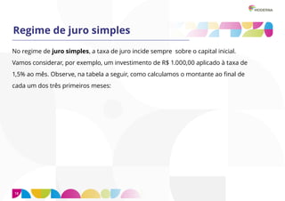 18
Regime de juro simples
No regime de juro simples, a taxa de juro incide sempre sobre o capital inicial.
Vamos considerar, por exemplo, um investimento de R$ 1.000,00 aplicado à taxa de
1,5% ao mês. Observe, na tabela a seguir, como calculamos o montante ao final de
cada um dos três primeiros meses:
 