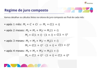 24
Regime de juro composto
Vamos detalhar os cálculos feitos na coluna do juro composto ao final de cada mês:
 