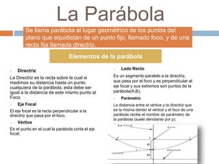 La Parábola
 Directriz
La Directriz es la recta sobre la cual si
medimos su distancia hasta un punto
cualquiera de la parábola, esta debe ser
igual a la distancia de este mismo punto al
Foco.
 Eje Focal
El eje focal es la recta perpendicular a la
directriz que pasa por el foco.
 Vértice
Es el punto en el cual la parábola corta el eje
focal.
 Lado Recto
Es un segmento paralelo a la directriz,
que pasa por el foco y es perpendicular al
eje focal y sus extremos son puntos de la
parábola(A,B).
 Parámetro
La distancia entre el vértice y la directriz que
es la misma denter el vértice y el foco de una
parábola recibe el nombre de parámetro de
la parábola (suele denotarse por p).
Se llama parábola al lugar geométrico de los puntos del
plano que equidistan de un punto fijo, llamado foco, y de una
recta fija llamada directriz.
Elementos de la parábola
 