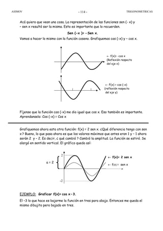 ASIMOV TRIGONOMETRICAS- 114 -
Acá quiero que vean una cosa. La representación de las funciones sen (- x) y
– sen x resultó ser la misma. Esto es importante que lo recuerden.
Sen (-x )= -Sen x.
Vamos a hacer lo mismo con la función coseno. Grafiquemos cos (-x) y – cos x.
Fíjense que la función cos (-x) me dio igual que cos x. Eso también es importante.
Aprendanselo: Cos (-x) = Cos x
Grafiquemos ahora esta otra función: f(x) = 2 sen x. ¿Qué diferencia tengo con sen
x? Bueno, lo que pasa ahora es que los valores máximos que antes eran 1 y – 1 ahora
serán 2 y – 2. Es decir, ¿ qué cambió ? Cambió la amplitud. La función se estiró. Se
alargó en sentido vertical. El gráfico queda así:
EJEMPLO: Graficar f(x)= cos x – 3.
El –3 lo que hace es bajarme la función en tres para abajo. Entonces me queda el
mismo dibujito pero bajado en tres.
← f(x)= -cos x
(Reflexión respecto
del eje x)
← F(x) = cos (-x)
(reflexión respecto
del eje y)
a = 2
2
-2
← f(x)= 2 sen x
← f(X) = sen x
 