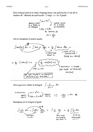 ASIMOV INTEGRALES- 62 -
Esta integral está en la tabla. Propongo hacer una sustitución ( Y de allí el
nombre de " Método de sustitución " ). Hago : u = 3x. Fijensé :
Con el reemplazo el asunto queda:
Otro ejercicio: Hallar la Integral
Reemplazo en la integral original:
 