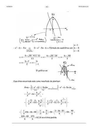 ASIMOV INTEGRALES- 82 -
pedida.áreaeles662,1
6
373
6
49324
6
49
54
6
15362
54
2
5
6
3
1
9036.216
3
1
)
≅=
+
=
=+=⎟
⎠
⎞
⎜
⎝
⎛ −−
−=⎟
⎠
⎞
⎜
⎝
⎛
−−−⎟
⎠
⎞
⎜
⎝
⎛
++−=
El gráfico es:
Cuya área encerrada sale como resultado de plantear:
( ) ( )
} } }
( )
}
( ) ( ) =
⎟
⎟
⎟
⎟
⎠
⎞
⎜
⎜
⎜
⎜
⎝
⎛
−++−−
⎟
⎟
⎟
⎠
⎞
⎜
⎜
⎜
⎝
⎛
++−=
=++=
=++−=−−+−=
−
−
−−
∫∫
876
876
321
32143421
2
5
1.
2
5
1-6.1-.
3
1
6.
2
5
6.66.
3
1
x
2
5
6xx
3
1
-
dx5x6xdx5x6xÁrea
6-1-
3
90
36
2
36216
3
1
6
23
Integro
6
1
2
6
1
)paréntesis(Abro
PisoTecho
2
{
⎪
⎩
⎪
⎨
⎧
=
=
=
⇔−−=⇔−=+−
⎟
⎠
⎞
⎜
⎝
⎛
-6c
-5b
1a
concuadráticadeFórmula65xx05.x6x 2
términode
todoPaso
2
( )
⎩
⎨
⎧
−
=⇔
±
=⇔
±
=⇔
+±
=⇔
−−±
=⇔
1
6
x
2
75
x
2
495
x
2
24255
x
2.1
64.1.255
x
 