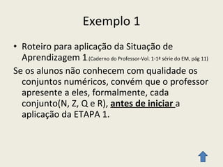 Exemplo 1 Roteiro para aplicação da Situação de Aprendizagem 1 .(Caderno do Professor-Vol. 1-1ª série do EM, pág 11) Se os alunos não conhecem com qualidade os conjuntos numéricos, convém que o professor apresente a eles, formalmente, cada conjunto(N, Z, Q e R),  antes de iniciar  a aplicação da ETAPA 1. 