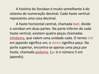 A história do Soroban é muito semelhante à do sistema de numeração decimal. Cada haste vertical representa uma casa decimal.  A haste horizontal central, chamada  hari ,  divide o soroban em duas partes. Na parte inferior de cada haste vertical, existem quatro peças chamadas  ichidama , que valem uma unidade cada. O termo  ichi   em japonês significa um, e  dama  significa peça. Na parte superior, encontra-se apenas uma peça por haste, chamada  godama . ( go  é o número 5 em japonês). 