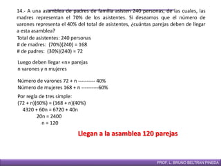 DIRECCIÓN DE EDUCACIÓN SECUNDARIAPROF. L. BRUNO BELTRAN PINEDA
14.- A una asamblea de padres de familia asisten 240 personas, de las cuales, las
madres representan el 70% de los asistentes. Si deseamos que el número de
varones representa el 40% del total de asistentes, ¿cuántas parejas deben de llegar
a esta asamblea?
Total de asistentes: 240 personas
# de madres: (70%)(240) = 168
# de padres: (30%)(240) = 72
Número de varones 72 + n ---------- 40%
Número de mujeres 168 + n ----------60%
Luego deben llegar «n» parejas
n varones y n mujeres
Llegan a la asamblea 120 parejas
Por regla de tres simple:
(72 + n)(60%) = (168 + n)(40%)
4320 + 60n = 6720 + 40n
20n = 2400
n = 120
 