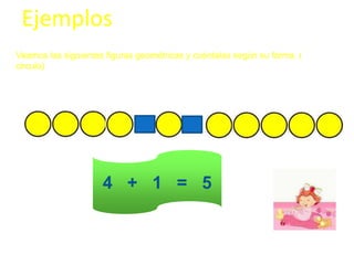 Ejemplos
Veamos las siguientes figuras geométricas y cuéntalas según su forma. (
circulo)




                     4 + 1 = 5
 