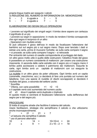 propria lingua madre per eseguire i calcoli.
3) RIDUZIONE DEL NUMERO DI INFORMAZIONI DA MEMORIZZARE
9 - 3 è uguale a 3 - 9
5 - 7 è uguale a 7 - 5
ELABORAZIONE DEI SEGNI DELLE OPERAZIONI
- Lavorare sul significato dei singoli segni: il bimbo deve sapere con certezza
il significato di un più
- Lavorare sui segni in opposizione: in modo da rendere il bimbo consapevole
che ogni segno è reciproco di un altro
- Operazioni con risultato errato
Si può utilizzare il gioco dell’oca in modo da focalizzare l’attenzione del
bambino sul sul segno più o sul segno meno. Dopo aver lanciato i dadi si
estrae una carta, prima di muovere l’ochetta; se sulla carta compare il segno
+ si procede; se sulla carta compare il segno – si retrocede
Per entrambi del numero di caselle corrispondente al punteggio del dado.
Un altro gioco molto utile è quello delle costruzioni; l’obiettivo finale del gioco
è possedere un numero consistente di mattoncini per creare una costruzione
imponente. A seconda delle carte estratte con il segno più o il segno meno il
bimbo potrà accrescere o cedere il patrimonio dei mattoncini. Esaurite le
carte, ogni bimbo avrà un capitale di mattoncini con cui eseguire la
costruzione.
La roulette è un altro gioco da poter utilizzare. Ogni bimbo avrà un capita
(caramelle, macchinine, ecc.) e deciderà di fare una puntata sul numero del
tabellone. Con una specie di roulette (2 dischi sovrapposti) si deciderà il
risultato del gioco, a seconda del settore uscito:
° Sconfitta
° Vittoria, con varie possibilità: +1 +2 +3
e il capitale verrà così aumentato del numero uscito
x2 x3 dove il capitale verrà duplicato o triplicato
In questo modo si cercherà di focalizzare l’attenzione sulla defferenza del
segno per e del segno più.
PROCEDURE
Si tratta di scoprire strade che facilitino il sistema del calcolo.
Usare facilitazioni, strategie che semplificano il calcolo e che utilizziamo
anche inconsapevolmente.
7 + 21 = 21 + 7
° un’astuzia che semplifica il calcolo
° uso di percorsi alternativi
10 + 14 = 10+10+4 = 24
2 x 9 = 2 x 10 – 2 = 18
11
 