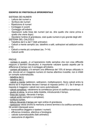 ESEMPIO DI PROTOCOLLO SPERIMENTALE
SISTEMA DEI NUMERI
- Lettura dei numeri a
- Scrittura dei numeri
- Ripetizione di numeri
- Conteggio in avanti
- Conteggio all’indietro
- Operazioni sulla linea dei numeri (ad es. dire quello che viene prima e
quello che viene dopo)
- Decidere l’ordine di grandezza, cioè quale numero è più grande degli altri
SISTEMA DEL CALCOLO
- Tabelline del 4 e del 7 (fatti aritmetici)
- Calcoli a mente semplici (es. tabelline a salti, sottrazioni ed addizioni entro
il 10)
- Calcoli a mente più complessi (es. 7+14)
- Calcoli scritti
PROVE:
- contare in avanti : è un’operazione molto semplice che non crea difficoltà
neppure a bambini discalculici; è importante valutare questo aspetto per la
differenza di tempo con il conteggio all’indietro.
- contare all’indietro: c’è sempre una differenza del 15% di tempo utilizzato in
più, dovuta ad un maggiore numero di risorse attentive investite; non è infatti
un compito automatizzato.
- tabellina del 4.
- tabellina del 7.
- calcoli a mente (addizioni, sottrazioni, moltiplicazioni). Sono calcoli entro la
decina ed è importante rilevare il tempo di risposta (entro i 2”). Se il tempo di
risposta è maggiore i calcoli non sono automatizzati.
- calcoli complessi: valuteremo la correttezza (prove di codifica semantica).
- giudizi di stima, la prova della tripletta, introducendo il tempo.
- linea dei numeri, rilevando il tempo.
- calcoli scritti (semplici e complessi).
- scrittura numeri.
- lettura rilevando il tempo per ogni ordine di grandezza.
- ripetizione valuta anche la memoria a breve termine e la codifica semantica.
Gli ambiti interessati sono:
- transcodifica (leggere e ripetere i numeri)
- efficienza mnestica, attentiva e fonologica
- calcolo automatizzabile (fatti aritmetici)
- esecuzione di algoritmi.
5
 
