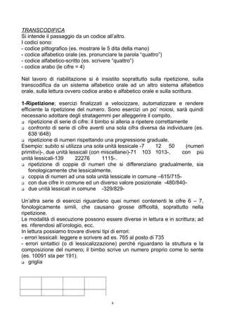 TRANSCODIFICA
Si intende il passaggio da un codice all’altro.
I codici sono:
- codice pittografico (es. mostrare le 5 dita della mano)
- codice alfabetico orale (es. pronunciare la parola “quattro”)
- codice alfabetico-scritto (es. scrivere “quattro”)
- codice arabo (le cifre = 4)
Nel lavoro di riabilitazione si è insistito soprattutto sulla ripetizione, sulla
transcodifica da un sistema alfabetico orale ad un altro sistema alfabetico
orale, sulla lettura ovvero codice arabo e alfabetico orale e sulla scrittura.
1-Ripetizione; esercizi finalizzati a velocizzare, automatizzare e rendere
efficiente la ripetizione del numero. Sono esercizi un po’ noiosi, sarà quindi
necessario adottare degli stratagemmi per alleggerire il compito.
 ripetizione di serie di cifre: il bimbo si allena a ripetere correttamente
 confronto di serie di cifre aventi una sola cifra diversa da individuare (es.
638 648)
 ripetizione di numeri rispettando una progressione graduale.
Esempio: subito si utilizza una sola unità lessicale -7 12 50 (numeri
primitivi)-, due unità lessicali (con miscellanei)-71 103 1013-, con più
unità lessicali-139 22276 1115-.
 ripetizione di coppie di numeri che si differenziano gradualmente, sia
fonologicamente che lessicalmente.
 coppia di numeri ad una sola unità lessicale in comune –615/715-
 con due cifre in comune ed un diverso valore posizionale -480/840-
 due unità lessicali in comune -329/829-
Un’altra serie di esercizi riguardano quei numeri contenenti le cifre 6 – 7,
fonologicamente simili, che causano grosse difficoltà, soprattutto nella
ripetizione.
Le modalità di esecuzione possono essere diverse in lettura e in scrittura; ad
es. riferendosi all’orologio, ecc.
In lettura possiamo trovare diversi tipi di errori:
- errori lessicali: leggere e scrivere ad es. 765 al posto di 735
- errori sintattici (o di lessicalizzazione) perché riguardano la struttura e la
composizione del numero; il bimbo scrive un numero proprio come lo sente
(es. 10091 sta per 191).
 griglia
8
 