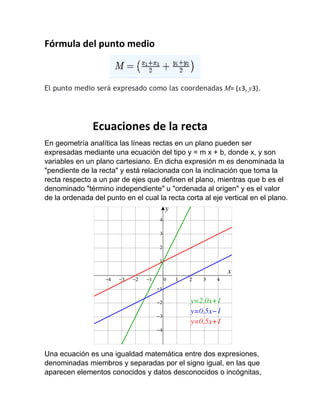 Fórmula del punto medio
El punto medio será expresado como las coordenadas M= (x3, y3).
Ecuaciones de la recta
En geometrí...