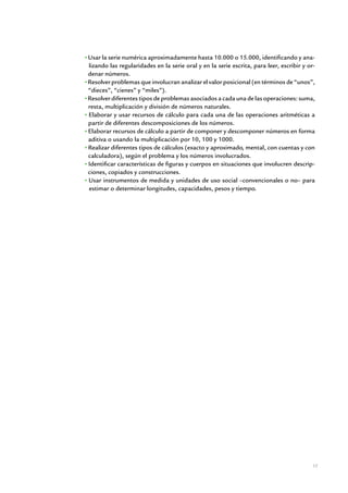 Usar la serie numérica aproximadamente hasta 10.000 o 15.000, identificando y ana-
lizando las regularidades en la serie oral y en la serie escrita, para leer, escribir y or-
denar números.
Resolver problemas que involucran analizar el valor posicional (en términos de “unos”,
“dieces”, “cienes” y “miles”).
Resolver diferentes tipos de problemas asociados a cada una de las operaciones: suma,
resta, multiplicación y división de números naturales.
Elaborar y usar recursos de cálculo para cada una de las operaciones aritméticas a
partir de diferentes descomposiciones de los números.
Elaborar recursos de cálculo a partir de componer y descomponer números en forma
aditiva o usando la multiplicación por 10, 100 y 1000.
Realizar diferentes tipos de cálculos (exacto y aproximado, mental, con cuentas y con
calculadora), según el problema y los números involucrados.
Identificar características de figuras y cuerpos en situaciones que involucren descrip-
ciones, copiados y construcciones.
Usar instrumentos de medida y unidades de uso social –convencionales o no– para
estimar o determinar longitudes, capacidades, pesos y tiempo.




                                                                                          17


           Matemática / Material para docentes / EP Primer Grado
 