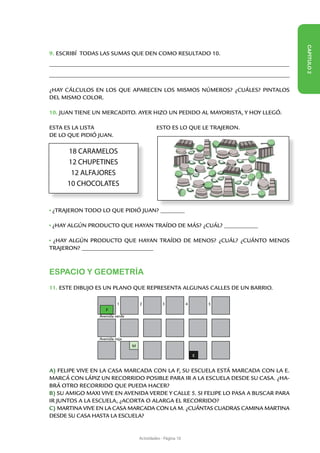 CAPÍT
9. ESCRIBÍ TODAS LAS SUMAS QUE DEN COMO RESULTADO 10.
________________________________________________________________________________________________




                                                                                                   ULO 2
_______________________________________________________________________________________________

¿HAY CÁLCULOS EN LOS QUE APARECEN LOS MISMOS NÚMEROS? ¿CUÁLES? PINTALOS
DEL MISMO COLOR.

10. JUAN TIENE UN MERCADITO. AYER HIZO UN PEDIDO AL MAYORISTA, Y HOY LLEGÓ.

ESTA ES LA LISTA 			                             ESTO ES LO QUE LE TRAJERON.
DE LO QUE PIDIÓ JUAN.		

       18 CARAMELOS
       12 CHUPETINES
        12 ALFAJORES
       10 CHOCOLATES


 ¿TRAJERON TODO LO QUE PIDIÓ JUAN? __________

 ¿HAY ALGÚN PRODUCTO QUE HAYAN TRAÍDO DE MÁS? ¿CUÁL? ______________

 ¿HAY ALGÚN PRODUCTO QUE HAYAN TRAÍDO DE MENOS? ¿CUÁL? ¿CUÁNTO MENOS
TRAJERON? ______________________________



ESPACIO Y GEOMETRÍA
11. ESTE DIBUJO ES UN PLANO QUE REPRESENTA ALGUNAS CALLES DE UN BARRIO.

                             1          2           3             4       5
                       F
                    Avenida verde




                    Avenida roja
                                    M

                                                                      E


A) FELIPE VIVE EN LA CASA MARCADA CON LA F, SU ESCUELA ESTÁ MARCADA CON LA E.
MARCÁ CON LÁPIZ UN RECORRIDO POSIBLE PARA IR A LA ESCUELA DESDE SU CASA. ¿HA-
BRÁ OTRO RECORRIDO QUE PUEDA HACER?
B) SU AMIGO MAXI VIVE EN AVENIDA VERDE Y CALLE 5. SI FELIPE LO PASA A BUSCAR PARA
IR JUNTOS A LA ESCUELA, ¿ACORTA O ALARGA EL RECORRIDO?
C) MARTINA VIVE EN LA CASA MARCADA CON LA M. ¿CUÁNTAS CUADRAS CAMINA MARTINA
DESDE SU CASA HASTA LA ESCUELA?


                                        Actividades - Página 10
 