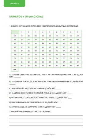 CAPÍTULO 5




NÚMEROS Y OPERACIONES


1. OBSERVÁ ESTE CUADRO DE NÚMEROS Y RESPONDÉ LAS ADIVINANZAS DE MÁS ABAJO.


               1        2        3         4           5             6    7    8        9

     10        11       12       13       14          15             16   17   18       19

     20        21       22       23       24          25             26   27   28       29

     30        31       32       33       34          35             36   37   38       39

     40        41       42       43       44          45             46   47   48       49

     50        51       52       53       54          55             56   57   58       59

     60        61       62       63       64          65             66   67   68       69

     70        71       72       73       74          75             76   77   78       79

     80        81       82       83       84          85             86   87   88       89

     90        91       92       93       94          95             96   97   98       99

     100

A) ESTOY EN LA FILA DEL 30, A MI LADO VIVE EL 34, Y JUSTO DEBAJO MÍO VIVE EL 43. ¿QUIÉN
SOY? ________

B) ESTOY EN LA FILA DEL 70, SI ME AGREGAN 10 ME TRANSFORMO EN EL 88. ¿QUIÉN SOY?
_______

C) SI ME SACAN 10, ME CONVIERTO EN EL 44. ¿QUIÉN SOY? ______

D) EL ÚLTIMO DE MI FILA ES EL 29, PERO YO TERMINO EN 5. ¿QUIÉN SOY? _____

E) MI FILA EMPIEZA CON EL 60, PERO ARRIBA MÍO VIVE EL 57. ¿QUIÉN SOY? ____

F) SI ME AGREGAN 20, ME CONVIERTO EN EL 96. ¿QUIÉN SOY? ____

G) SI ME SACAN 20, ME CONVIERTO EN EL 72. ¿QUIÉN SOY? ______

2. INVENTÁ UNA ADIVINANZA COMO LAS DE ARRIBA.
________________________________________________________________________________________________
_______________________________________________________________________________________________
________________________________________________________________________________________________
_______________________________________________________________________________________________




                                           Actividades - Página 17
 