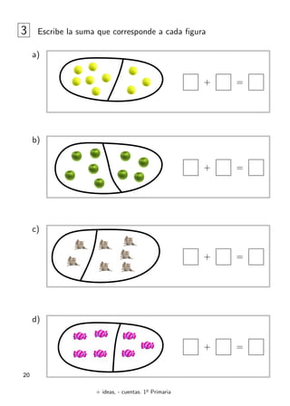 + ideas, - cuentas. 1o
Primaria
20
3 Escribe la suma que corresponde a cada figura
a)
+ =
b)
+ =
c)
+ =
d)
+ =
 