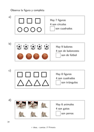 + ideas, - cuentas. 1o
Primaria
31
Observa la figura y completa
a)
Hay 7 figuras
4 son cı́rculos
son cuadrados
b)
c)
d)
Hay 9 balones
4 son de baloncesto
son de fútbol
Hay 8 figuras
4 son cuadrados
son triángulos
Hay 6 animales
4 son gatos
son perros
 