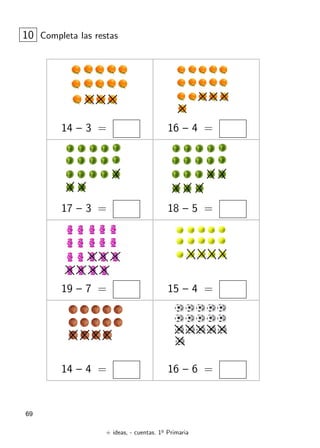 + ideas, - cuentas. 1o
Primaria
69
14 – 3 = 16 – 4 =
10 Completa las restas
17 – 3 = 18 – 5 =
19 – 7 = 15 – 4 =
14 – 4 = 16 – 6 =
 