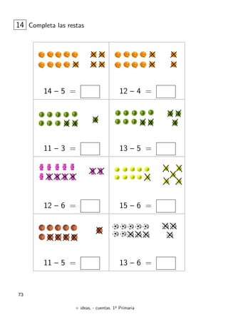 + ideas, - cuentas. 1o
Primaria
73
14 – 5 = 12 – 4 =
14 Completa las restas
11 – 3 = 13 – 5 =
12 – 6 = 15 – 6 =
11 – 5 = 13 – 6 =
 
