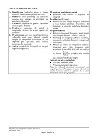 Anexa nr. 2 la OMECTS nr. 5610 / 31.08.2012

1. Identificarea legăturilor dintre o funcţie Elemente de analiză matematică
   continuă şi derivata sau primitiva acesteia    Probleme care conduc la noţiunea de
2. Stabilirea unor proprietăţi ale calculului       integrală
   integral, prin analogie cu proprietăţi ale Primitive (antiderivate)
   calculului diferenţial                         Primitivele unei funcţii. Integrala nedefinită
3. Utilizarea algoritmilor pentru calcularea        a unei funcţii continue, proprietatea de
   unor integrale definite                          liniaritate a integralei nedefinite. Primitive
4. Explicarea opţiunilor de calcul al               uzuale
   integralelor definite, în scopul optimizării Integrala definită
   soluţiilor                                     Definirea integralei Riemann a unei funcţii
5. Determinarea ariei unei suprafeţe plane şi a     continue prin formula Leibniz – Newton
   volumului unui corp, folosind calculul  Proprietăţi ale integralei definite: liniaritate,
   integral şi compararea rezultatelor cu cele      monotonie, aditivitate în raport cu intervalul
   obţinute prin aplicarea unor formule             de integrare
   cunoscute din geometrie                        Metode de calcul al integralelor definite:
6. Aplicarea calculului diferenţial sau integral    integrarea prin părţi, integrarea prin
   în probleme practice                             schimbare de variabilă. Calculul integralelor
                                                                                b
                                                                                    P( x)
                                                                de forma         Q( x) dx, grad Q  4 prin   metoda
                                                                                a
                                                               descompunerii în fracţii simple
                                                            Aplicaţii ale integralei definite
                                                             Aria unei suprafeţe plane
                                                             Volumului unui corp de rotaţie
                                                            Notă: Se utilizează exprimarea „proprietate” sau
                                                            „regulă” pentru a sublinia faptul că se face referire la un
                                                            rezultat matematic utilizat în aplicaţii, dar a cărui
                                                            demonstraţie este în afara programei.




Programa de examen pentru disciplina Matematică
Bacalaureat 2013
                                                  Pagina 30 din 36
 