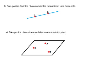3. Dois pontos distintos não coincidentes determinam uma única reta. 4. Três pontos não colineares determinam um único plano. 
