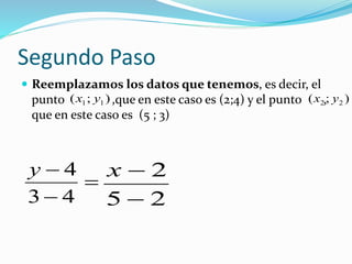 Segundo Paso
Reemplazamos los datos que tenemos, es decir, el
punto ,que en este caso es (2;4) y el punto ,
que en este caso es (5 ; 3)
43
4y
25
2
x
);( 11 yx );( 22 yx