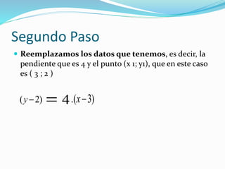 Segundo Paso
Reemplazamos los datos que tenemos, es decir, la
pendiente que es 4 y el punto (x 1; y1), que en este caso
es ( 3 ; 2 )
)2( y 4 )3.( x
