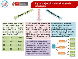Algunos ejemplos de aplicación de
estrategias
PARTICULARIZAR

Pedro abre un libro al azar ,
se da cuenta que
el
producto de as páginas
observadas es 3192 ¿cuál es
el número de las páginas
que observó Pedro?

50

50

2500

55

60

3300

53

54

2862

56

57

3192

En una tienda de remates de
Ventanilla, te ofrecen
un
descuento del 12%, pero al
mismo tiempo debes pagar el
impuesto general a las ventas
(18%)¿Qué prefieres que calculen
primero, el descuento o el
impuesto?
Particularicemos para algunos
casos: Si el artículo vale 100 y elijo
el descuento primero, termino
pagando s/106.pero si elijo pagar
el impuesto primero, entonces
termino. Se prueba con otros
precios e infiero que da lo mismo.

Un productor de música de
cumbia, quiere armar un dúo
mixto ( varón y mujer).el
productor puede elegir entre 3
cantantes mujeres y 2 cantantes
varones ¿Cuántos dúos mixtos
diferentes puede formar?

José
Rosa
₰

Ana
Nancy

Raúl
José
Raúl
José
Raúl

 