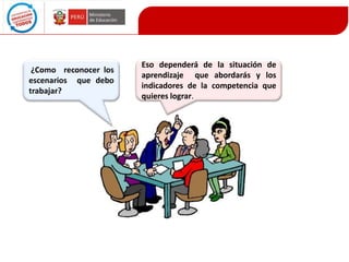 ¿Como reconocer los
escenarios que debo
trabajar?

Eso dependerá de la situación de
aprendizaje que abordarás y los
indicadores de la competencia que
quieres lograr.

 