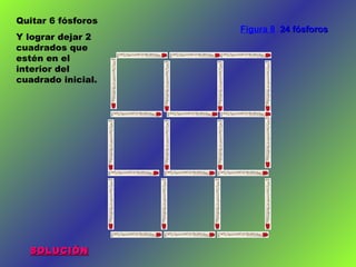 Quitar 6 fósforos
Y lograr dejar 2
cuadrados que
estén en el
interior del
cuadrado inicial.

SOLUCIÓN

Figura 8 24 fósforos

 
