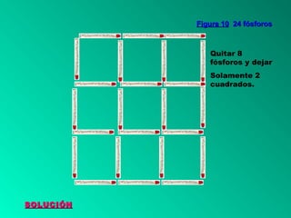 Figura 10 24 fósforos

Quitar 8
fósforos y dejar
Solamente 2
cuadrados.

SOLUCIÓN

 