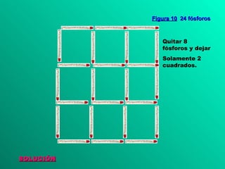 SOLUCIÓN Figura 10   24 fósforos Quitar 8 fósforos y dejar Solamente 2 cuadrados. 