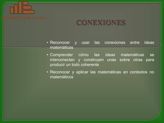 MATEMATICA PARA LA VIDA




                          • Reconocer y    usar   las   conexiones   entre   ideas
                            matemáticas
                          • Comprender cómo las ideas matemáticas se
                            interconectan y construyen unas sobre otras para
                            producir un todo coherente
                          • Reconocer y aplicar las matemáticas en contextos no
                            matemáticos
 