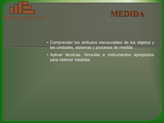MATEMATICA PARA LA VIDA




                          • Comprender los atributos mensurables de los objetos y
                            las unidades, sistemas y procesos de medida
                          • Aplicar técnicas, fórmulas e instrumentos apropiados
                            para obtener medidas
 