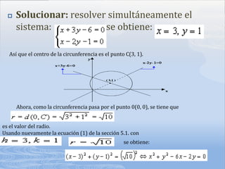    Solucionar: resolver simultáneamente el
      sistema:            se obtiene:

  Así que el centro de la circunferencia es el punto C(3, 1).




      Ahora, como la circunferencia pasa por el punto 0(0, 0), se tiene que


es el valor del radio.
Usando nuevamente la ecuación (1) de la sección 5.1. con
                                                    se obtiene:
 