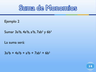 Ejemplo 2 Sumar 3a 2 b, 4a 2 b, a 2 b, 7ab 2  y 6b 3 La suma será: 3a 2 b + 4a 2 b + a 2 b + 7ab 2  + 6b 3 