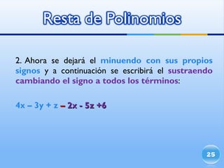 2. Ahora se dejará el  minuendo con sus propios signos  y a continuación se escribirá el  sustraendo cambiando el signo a todos los términos : 4x – 3y + z  –   2x - 5z +6 