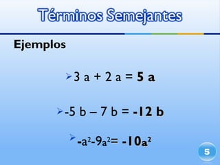 Ejemplos 3 a + 2 a =  5 a -5 b – 7 b =  -12 b - a 2 -9 ª 2 =  -10 ª 2 