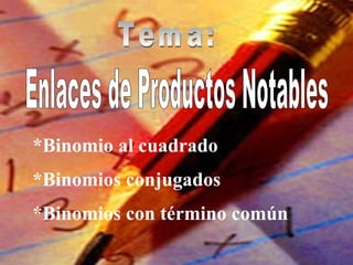 Enlaces de Productos Notables Tema: *Binomio al cuadrado *Binomios conjugados *Binomios con término común 