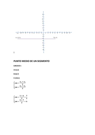 |
PUNTO MEDIO DE UN SEGMENTO
EJRCICIO 1
A=(1,5)
B=(6,7)
C=(10,1)
 