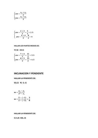 HALLAR LOS PUNTOS MEDIOS DE:
Y(7,8) Z(4,5)
INCLINACION Y PENDIENTE
HALLAR LA PENDIENTE DE:
S(5,2) R( -3,-1)
HALLAR LA PENDIENTE DE:
C(-3,4) D(6,-2)
 