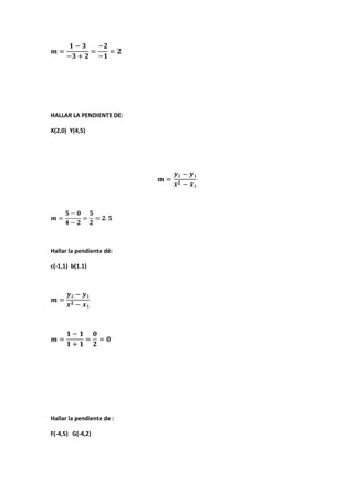 HALLAR LA PENDIENTE DE:
X(2,0) Y(4,5)
Hallar la pendiente dé:
c(-1,1) b(1.1)
Hallar la pendiente de :
F(-4,5) G(-4,2)
 