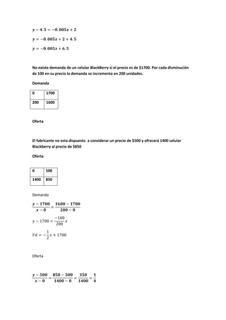 No existe demanda de un celular BlackBerry si el precio es de $1700. Por cada disminución
de 100 en su precio la demanda se incrementa en 200 unidades.
Demanda
0 1700
200 1600
Oferta
El fabricante no esta dispuesto a considerar un precio de $500 y ofrecerá 1400 celular
Blackberry al precio de $850
Oferta
Demanda
Oferta
0 500
1400 850
 
