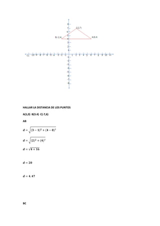 HALLAR LA DISTANCIA DE LOS PUNTOS
A(1,0) B(3.4) C(-7,6)
AB
BC
 